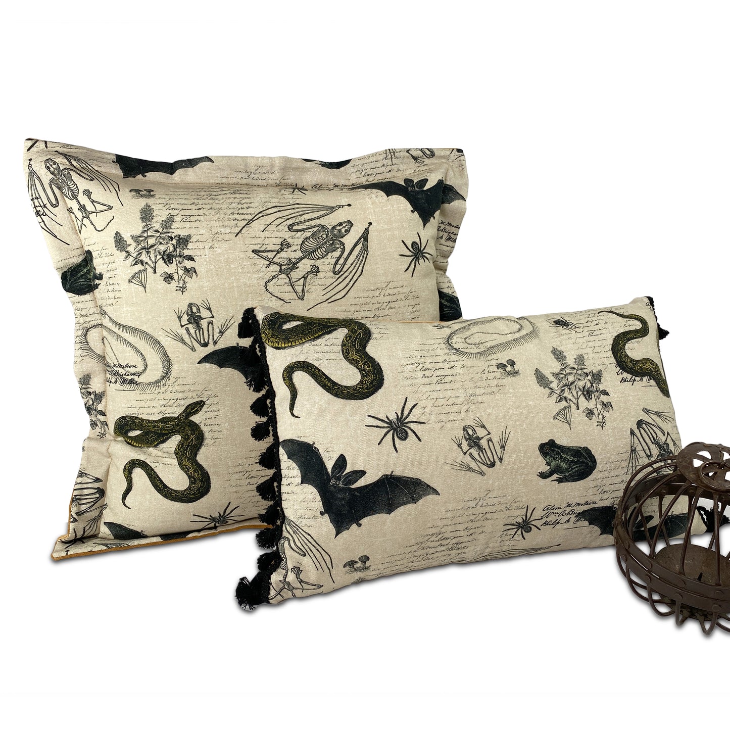 Dark Academia Snake Bat Frog Lumbar Pillow with Tassel Trim