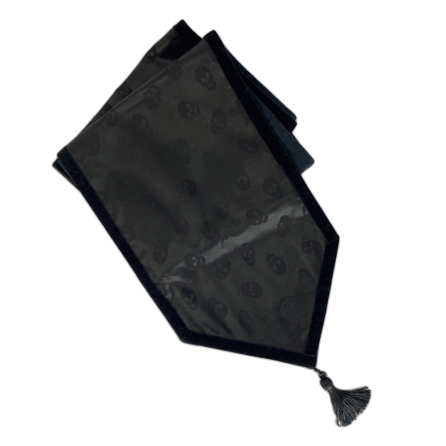 Midnight Black Satin Skull Table Runner with Velvet Edging