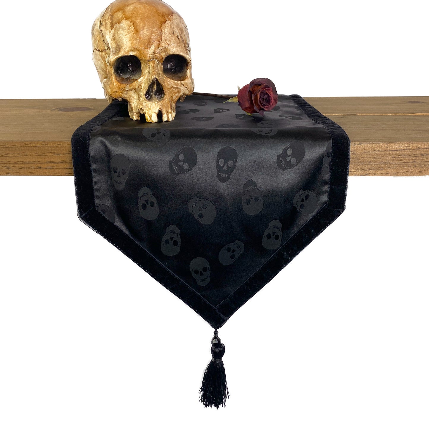 Midnight Black Satin Skull Table Runner with Velvet Edging