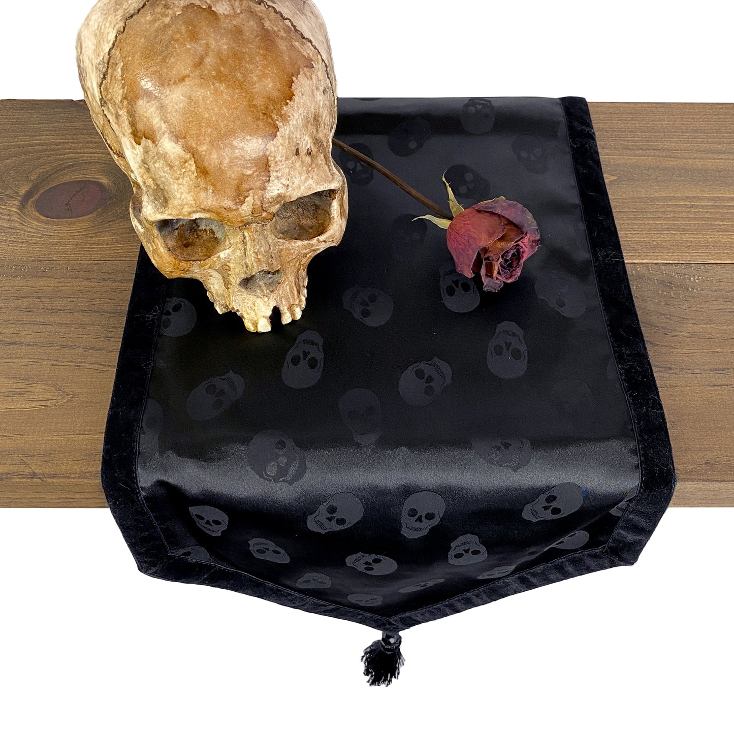 Midnight Black Satin Skull Table Runner with Velvet Edging