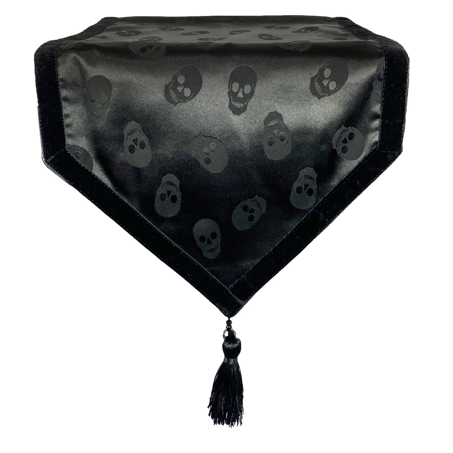 Midnight Black Satin Skull Table Runner with Velvet Edging