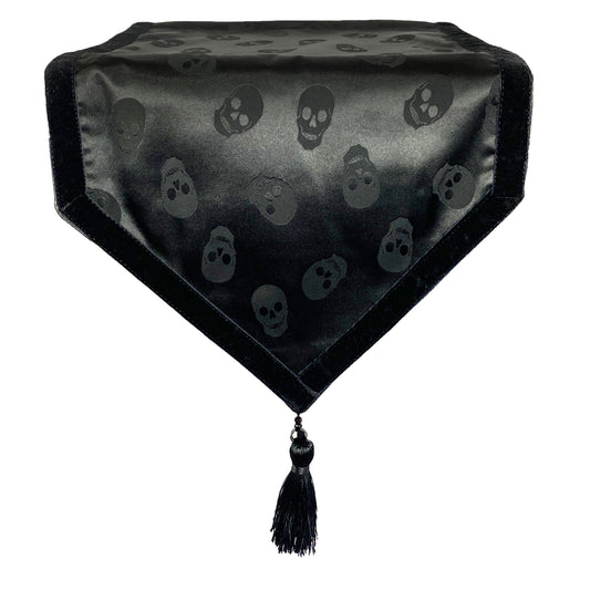 Midnight Black Satin Skull Table Runner with Velvet Edging