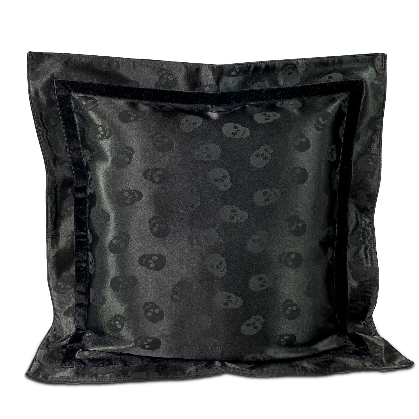 Midnight Black Satin Skull Pillow with Flange and Velvet Detail