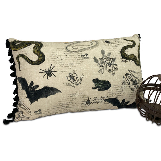 Dark Academia Snake Bat Frog Lumbar Pillow with Tassel Trim