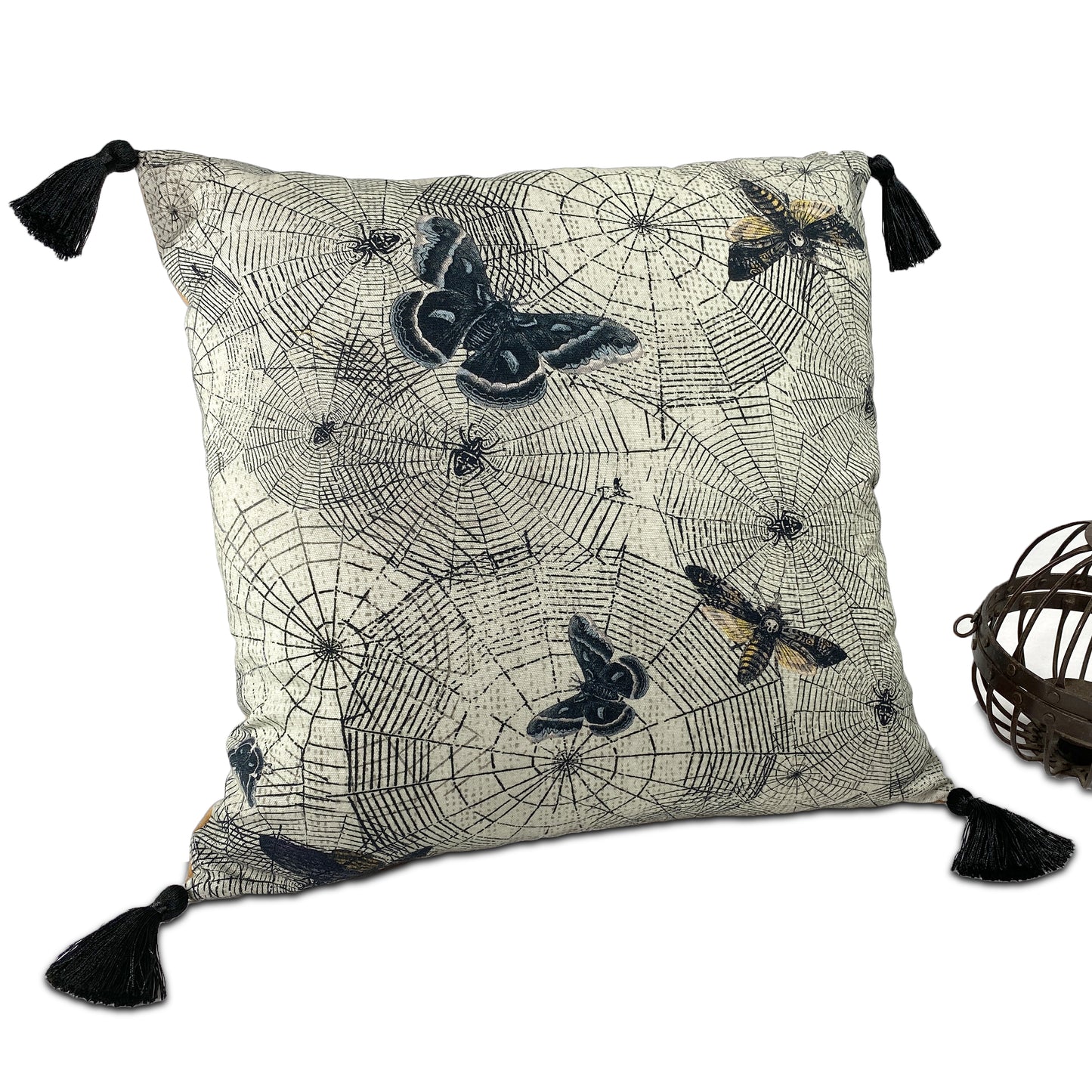 Dark Academia Moth & Spiderweb Pillow Cover with Tassels