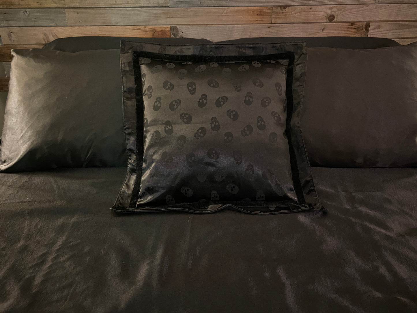 Midnight Black Satin Skull Pillow with Flange and Velvet Detail