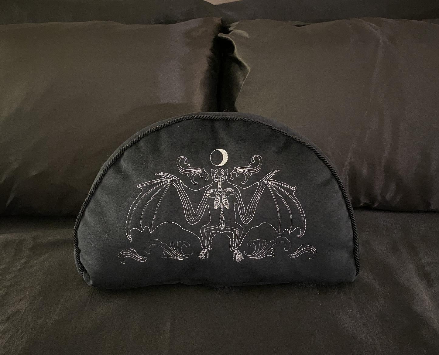 Skeleton Pillow with Bat Embroidery