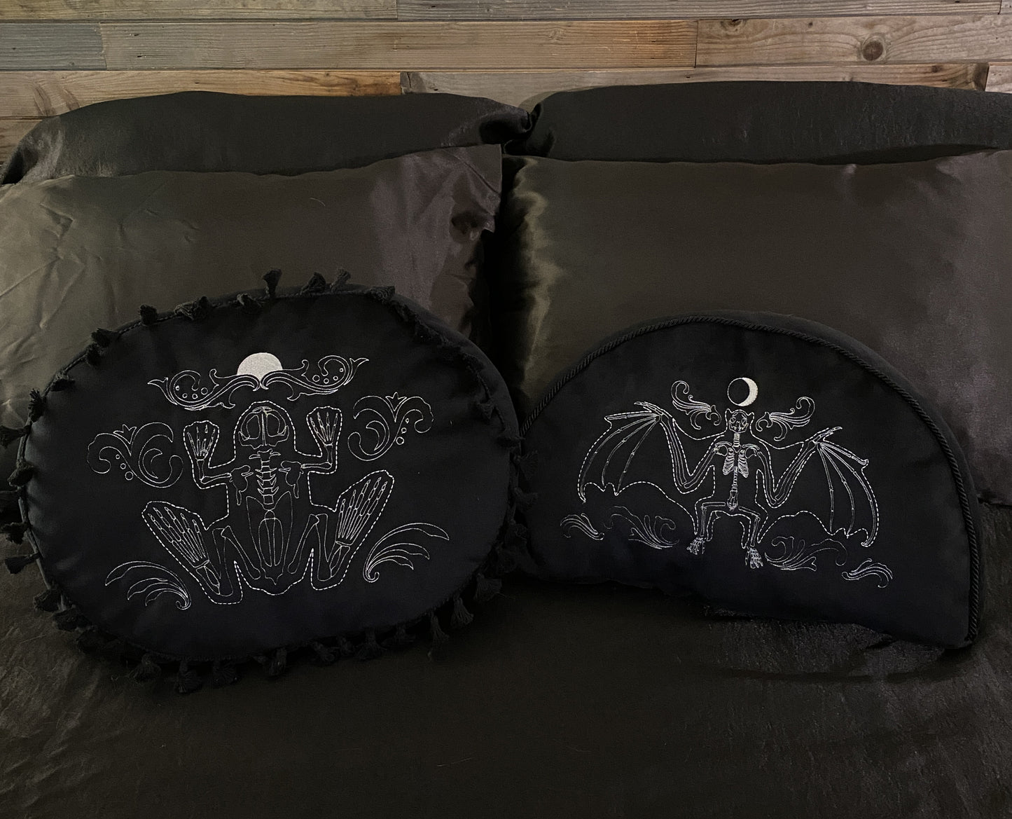 Skeleton Pillow with Bat Embroidery