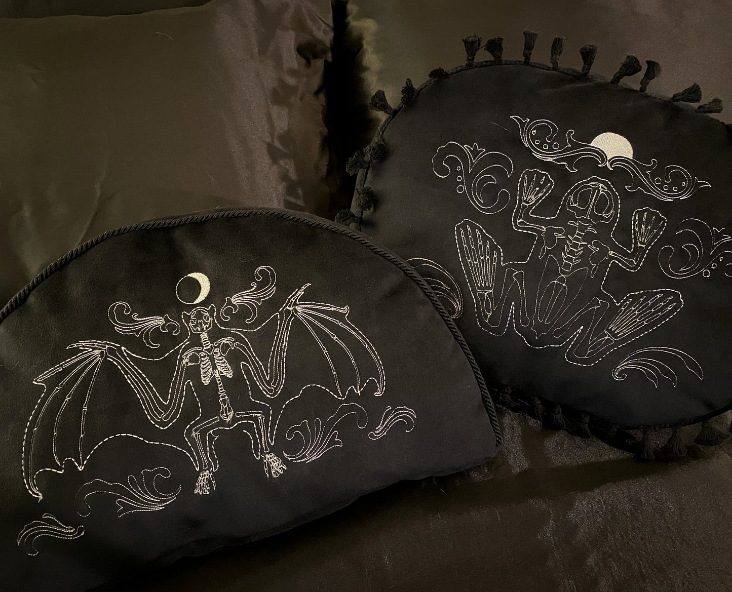 Skeleton Pillow with Bat Embroidery